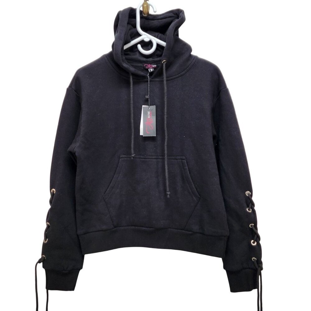 Allure Luxe Womens Black Sweater Hoodie With Lace-Up Sleeves Size S
